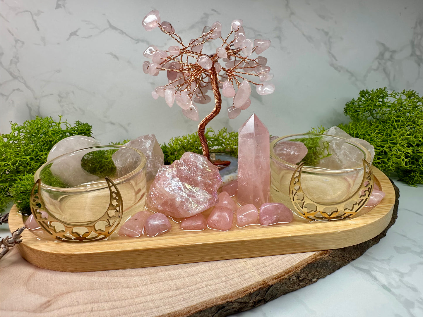 Love & Self‑Love Crystal Candle Holder | Rose Quartz Altar Tray | Divine Feminine Ritual Decor, Spiritual Gift,