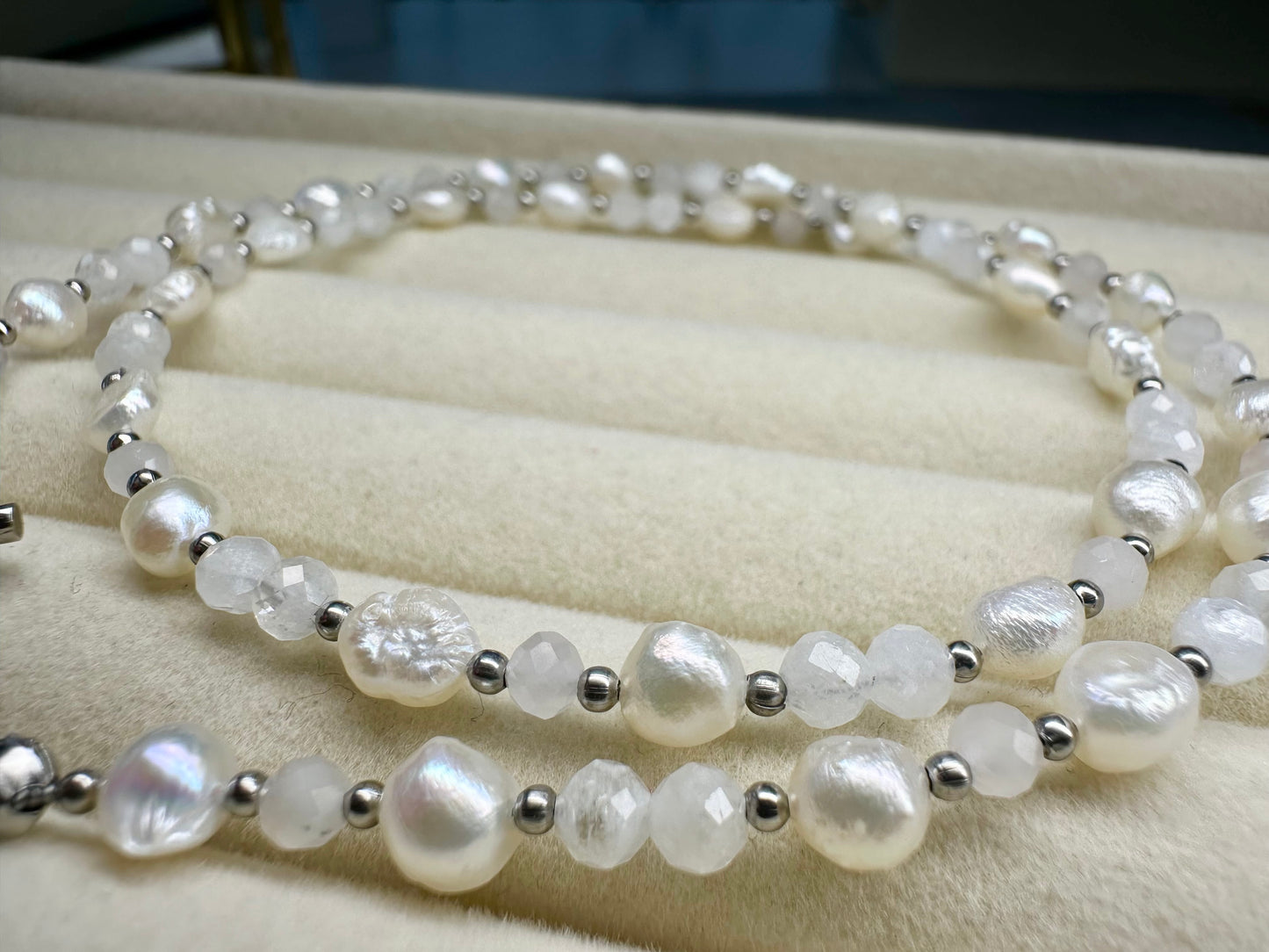 Freshwater Pearl• Moonstone • Rose Quartz Necklace • Baroque Pearl  Toggle Clasp