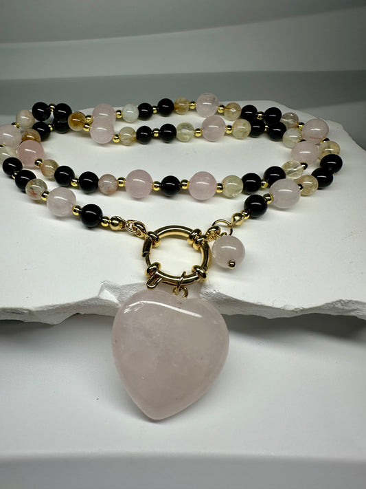 Protective & Loving Energy Necklace – Black Tourmaline, Citrine, Large Rose Quartz Heart Pendant