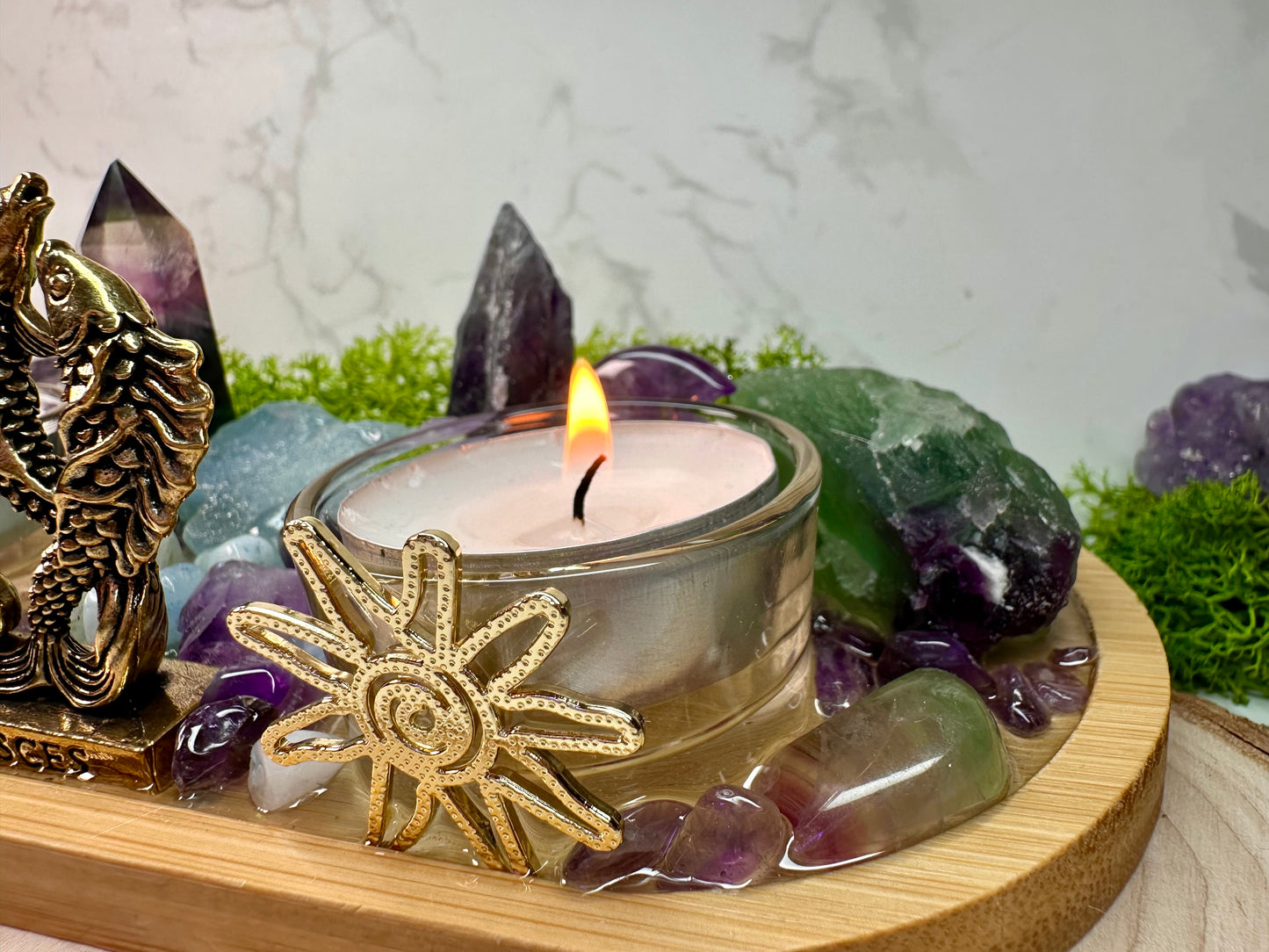 Pisces Zodiac Crystal Altar • Rainbow Fluorite, Aquamarine & Amethyst