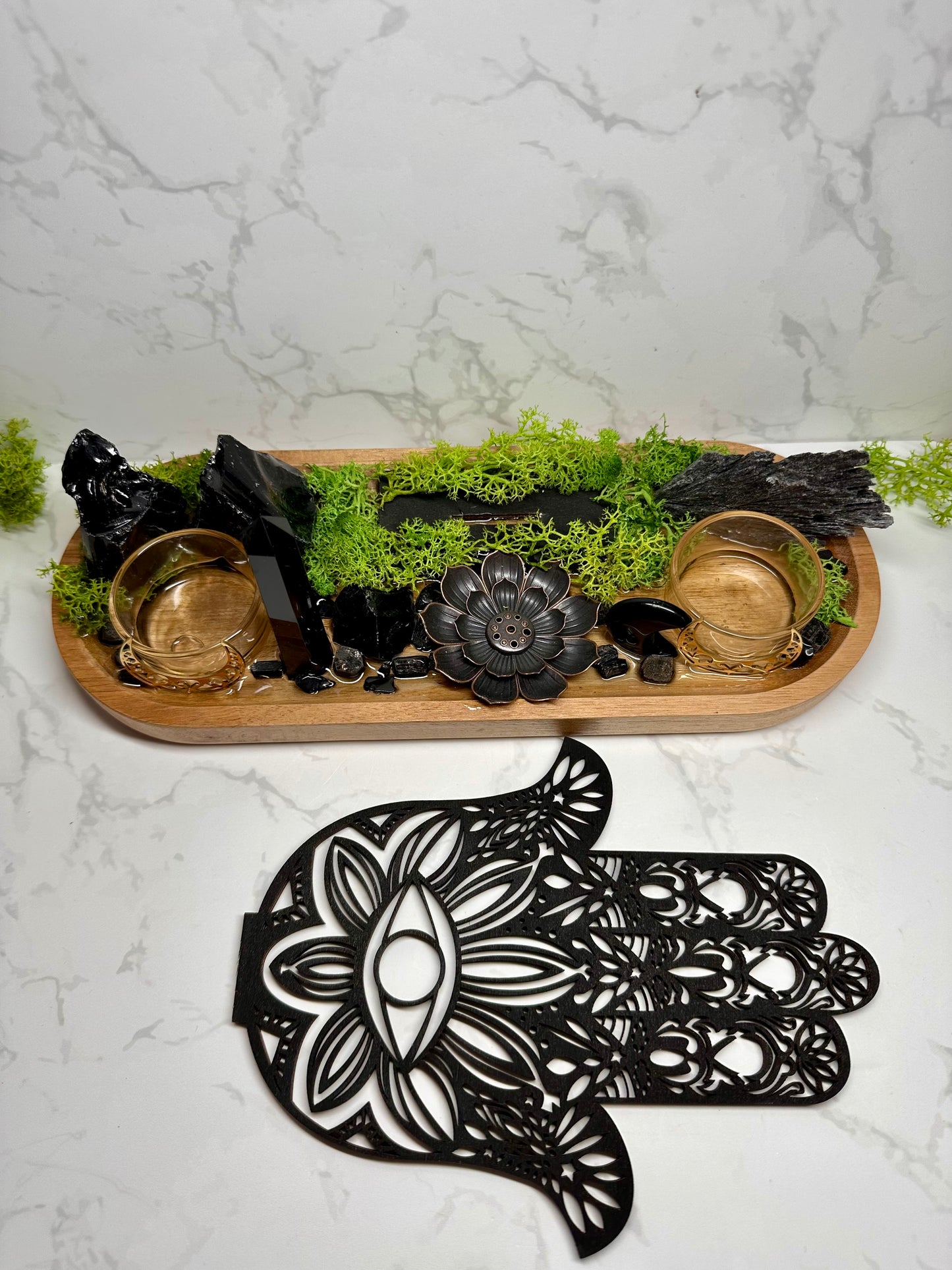 Black Tourmaline, Obsidian Protection Tray | Hamsa Hand Evil Eye Decor | Resin Altar Tray with Incense Holder | Ritual Decor, Spiritual Gift