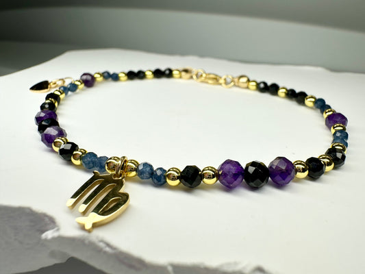 Virgo Zodiac Bracelet – Sapphire, Black Tourmaline & Amethyst | Handmade Crystal Jewellery for Protection, Clarity & Calm