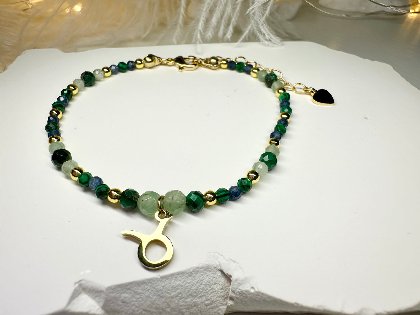 Handmade Taurus Zodiac Bracelet – Malachite, Green Aventurine & Sapphire Beads