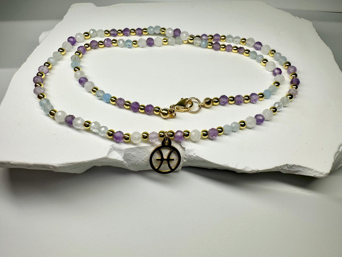 Pisces Zodiac Necklace – Moonstone, Aquamarine & Amethyst Beads for Intuition & Flow