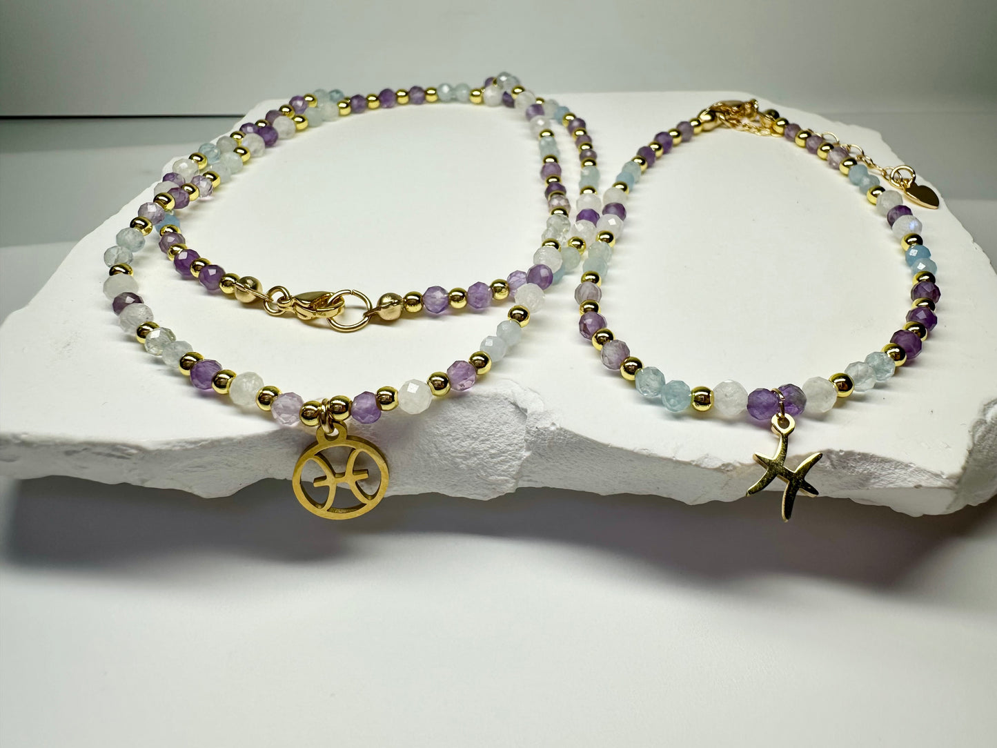 Pisces Crystal Jewellery Set – Handmade Beaded Aquamarine, Moonstone & Amethyst Necklace + Bracelet for Intuition & Calm