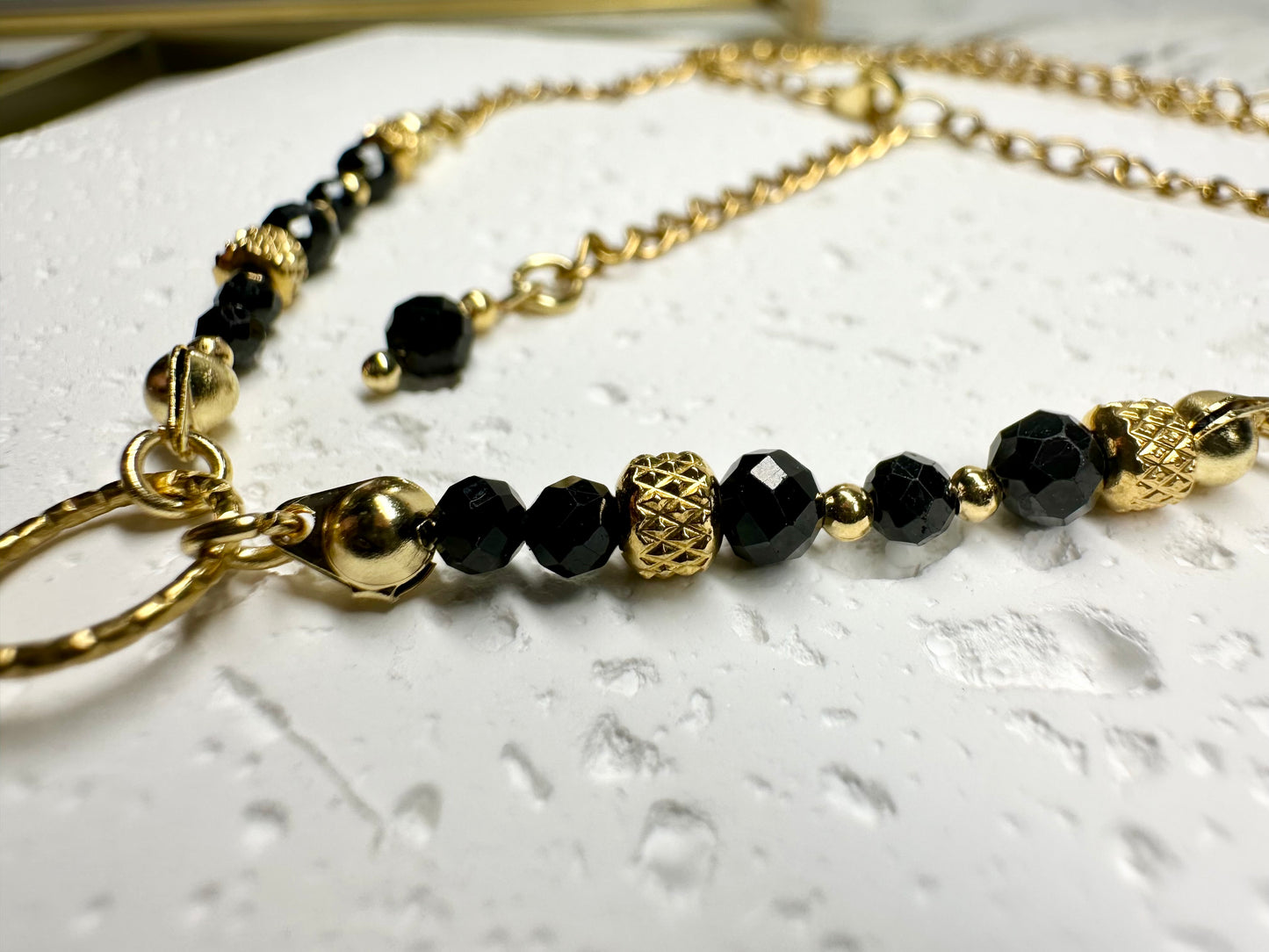 Hand‑Beaded Crescent Moon Necklace with Black Tourmaline