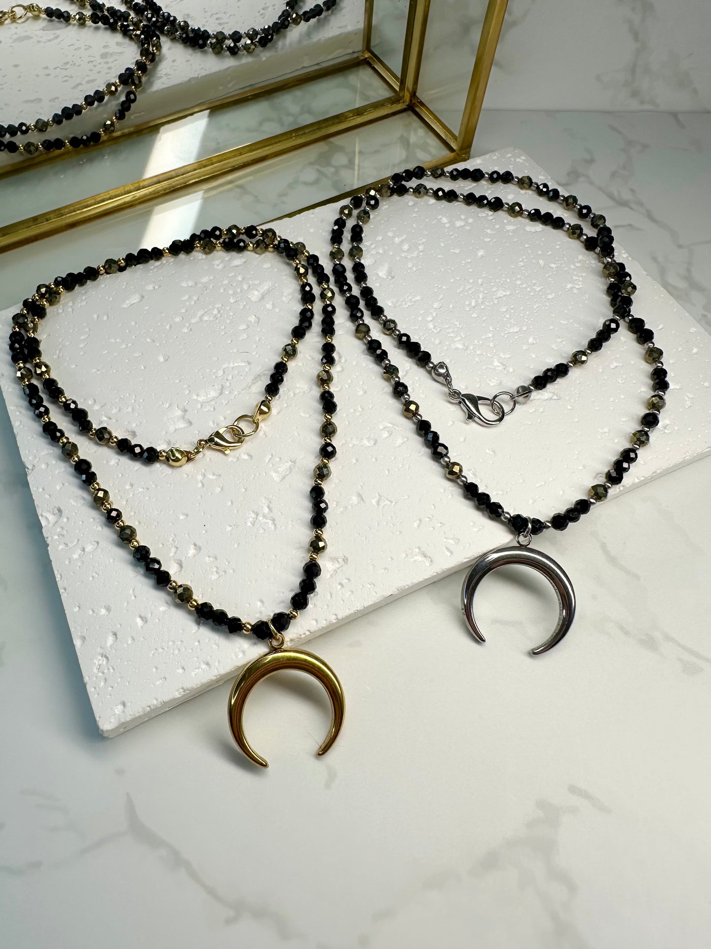 Black Tourmaline & Pyrite Dainty Necklace•Moon Pendant – Protection • Confidence • Grounding