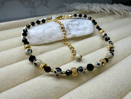 Black Tourmaline & Dalmatian Jasper Bracelet – Protection, Grounding & Emotional Balance