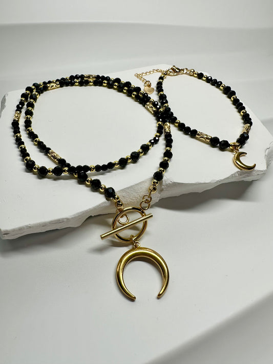 Black Tourmaline Jewelry Set – Crescent Moon Pendant & Gold Toggle Clasp for Protection & Intuition