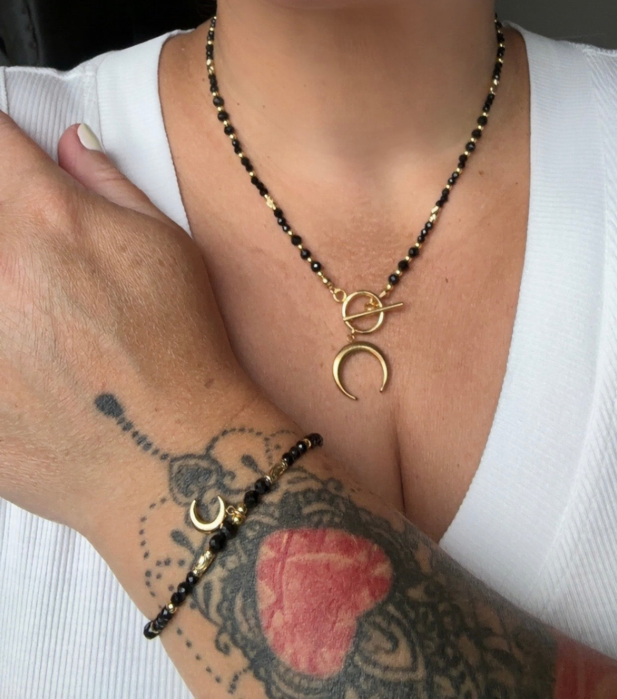 Black Tourmaline Jewelry Set – Crescent Moon Pendant & Gold Toggle Clasp for Protection & Intuition