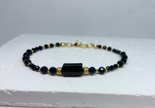 Black Tourmaline Bracelet with Gold Accents – Handmade Protection Jewelry for Strength & Style